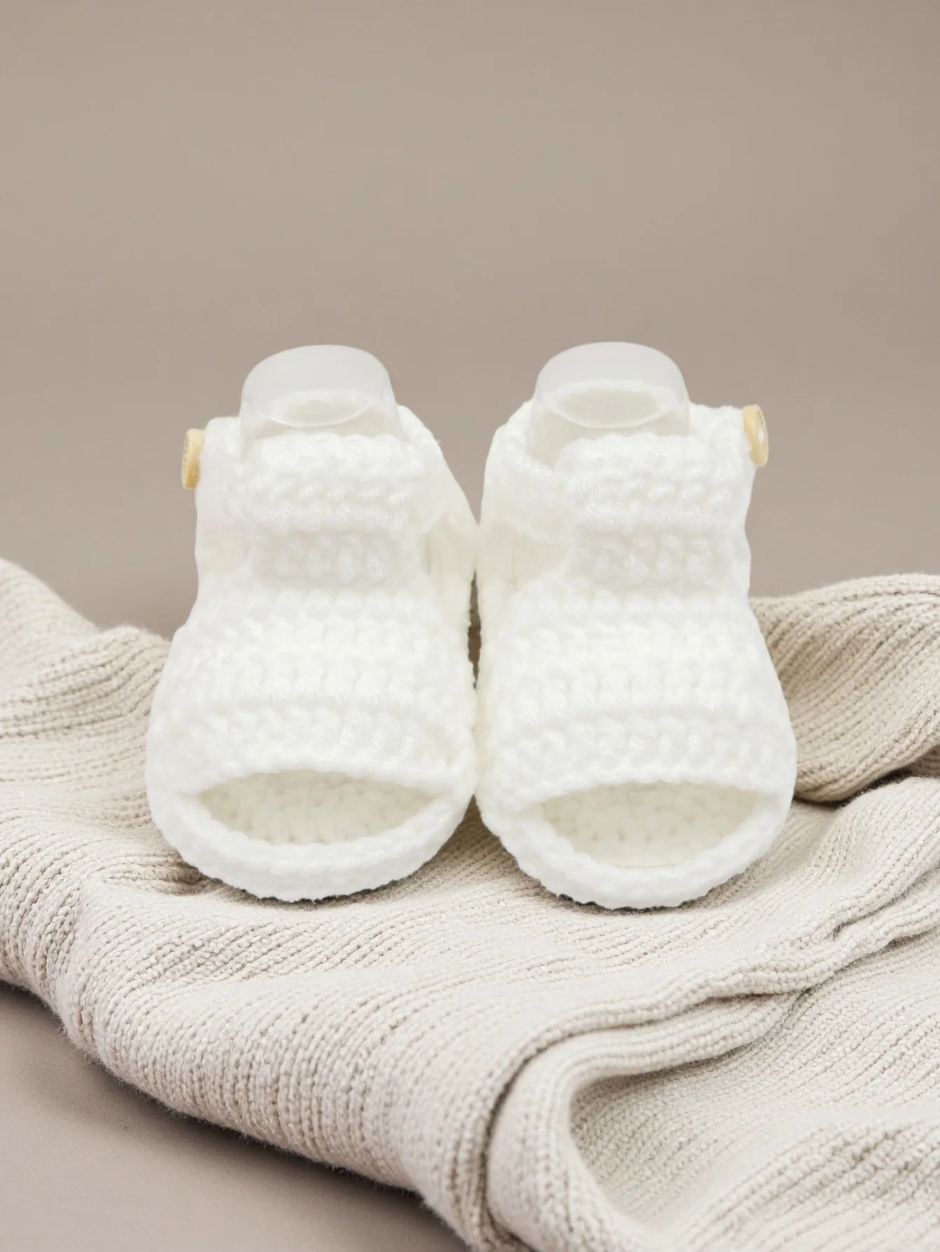 1 Pair Soft Crochet Baby Booties, White Mary Jane Style with Button Closure, Infant Size