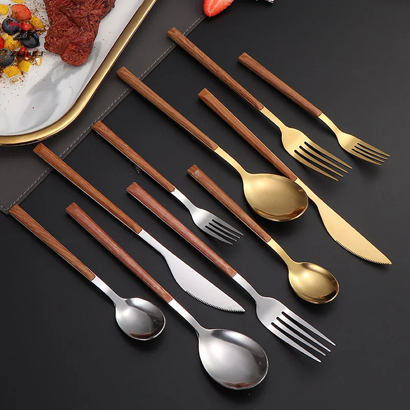 5Pcs Imitation Wooden Handle Gold Silver Cutlery Set Stainless Steel Knife Fork Spoon Tableware Kitchen Dessert Dinnerware