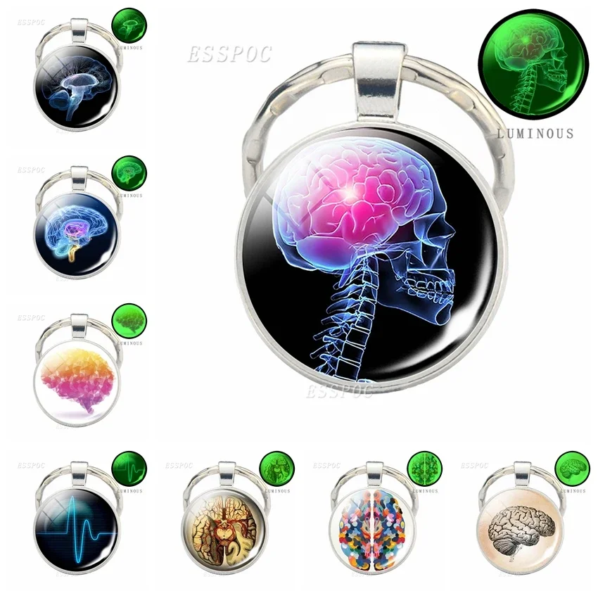 Luminous Skull Brain Keychain Body Anatomy Keychains Glowing ECG Heart Brain Glass Cabochon Jewelry Key Chain Holder Doctor Gift