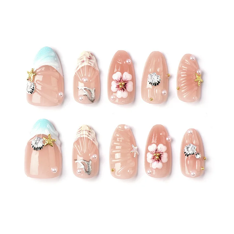 

30PCS 3D Floral Design Almond Press on Nails with Pearl False Nails Sweet Cool Fake Nails Fresh Ocean Starfish Shell Manicure 네일