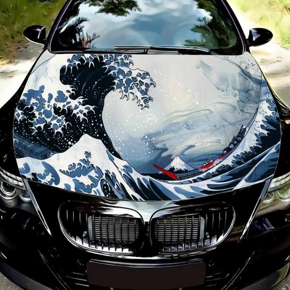 Japanese Sea Wave Art Design Car Hood Wrap Color Vinyl Sticker Truck Graphic Bonnet DIY Auto Accessories Decoration Decal Gift