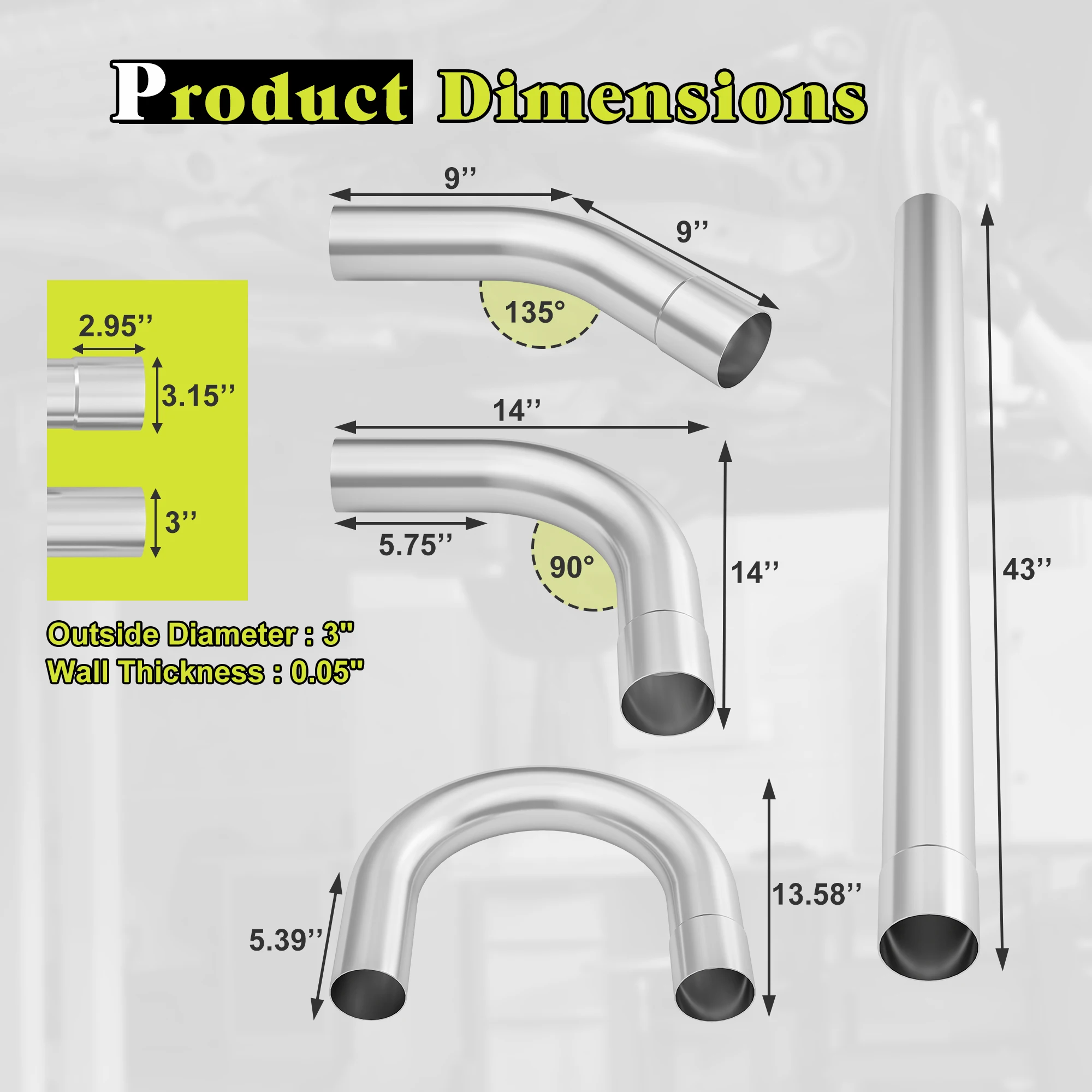 3 Inch OD Exhaust Pipe Kit 16PCS Mandrel Bend Universal Mild Steel 16GA Straight 45 90 180 Degree U-Bend One End Expanded
