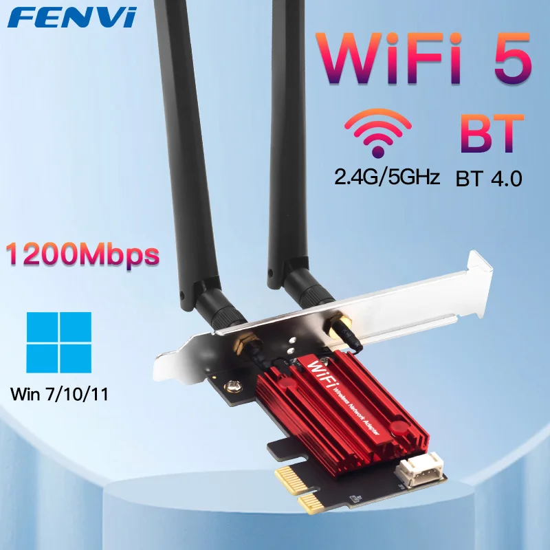 Bezprzewodowa karta sieciowa FENVI WiFi 5 PCI-E AC1200 dwuzakresowa karta sieciowa 2.4G/5GHz 802.11AC dla komputera stacjonarnego Bluetooth 4.0 Windows 7/8/10/11