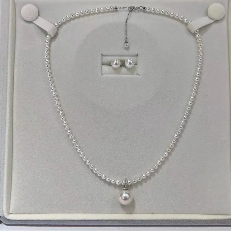 

SGARIT Jewelry Set 925 Sterling Silver Necklace Classic Small Rice Pearls Chain Perfectly Round Earrings for Fashion Lady