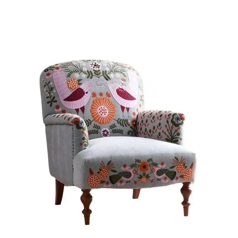 35Solid Wood Fabric Couch Retro Living Room Single Small Apartment Leisure Chair