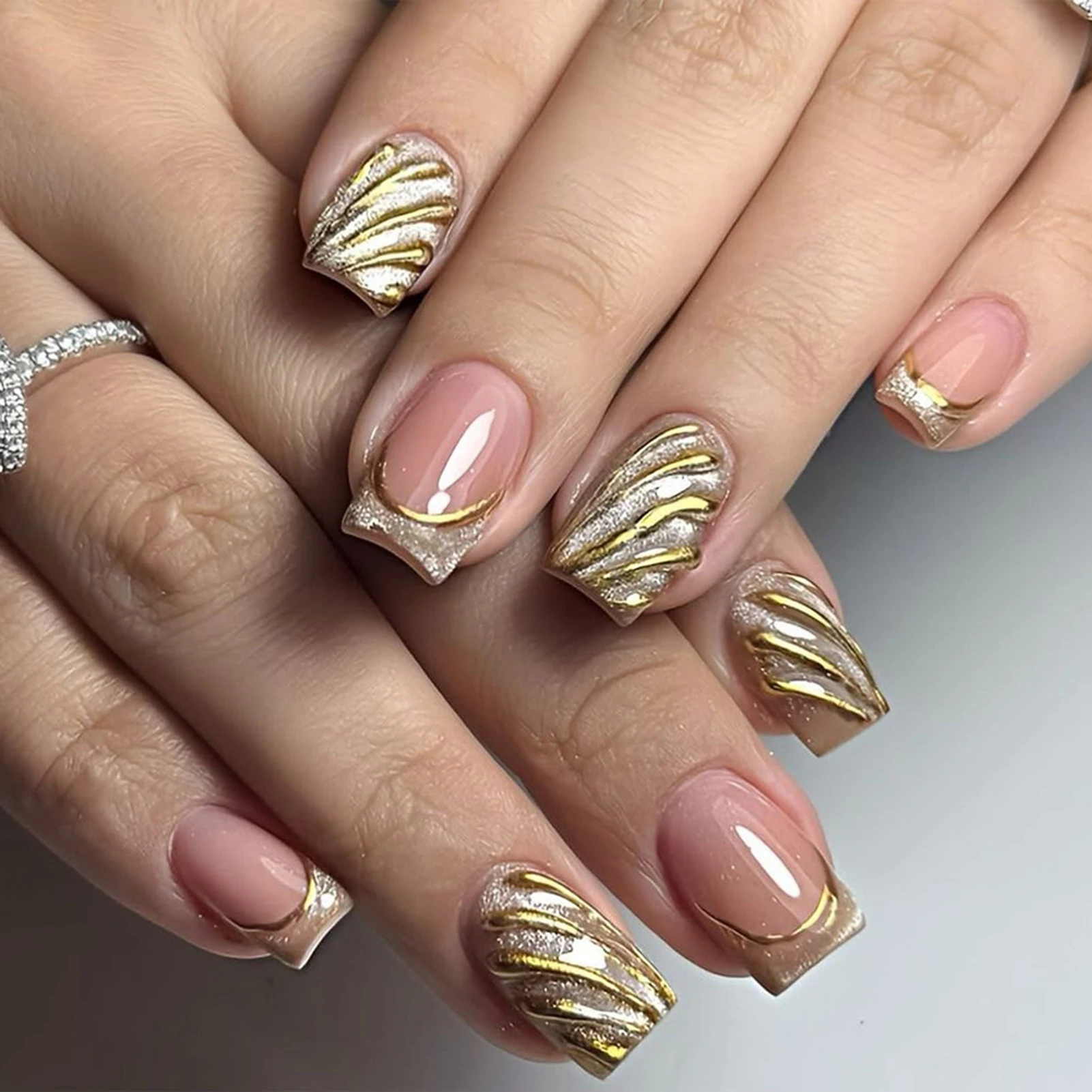 24Pcs Press On Nails Resin French Cat Eye Gilded Fake Nails for Wedding Party Daily Wear Full Cover Manicure Tips Women