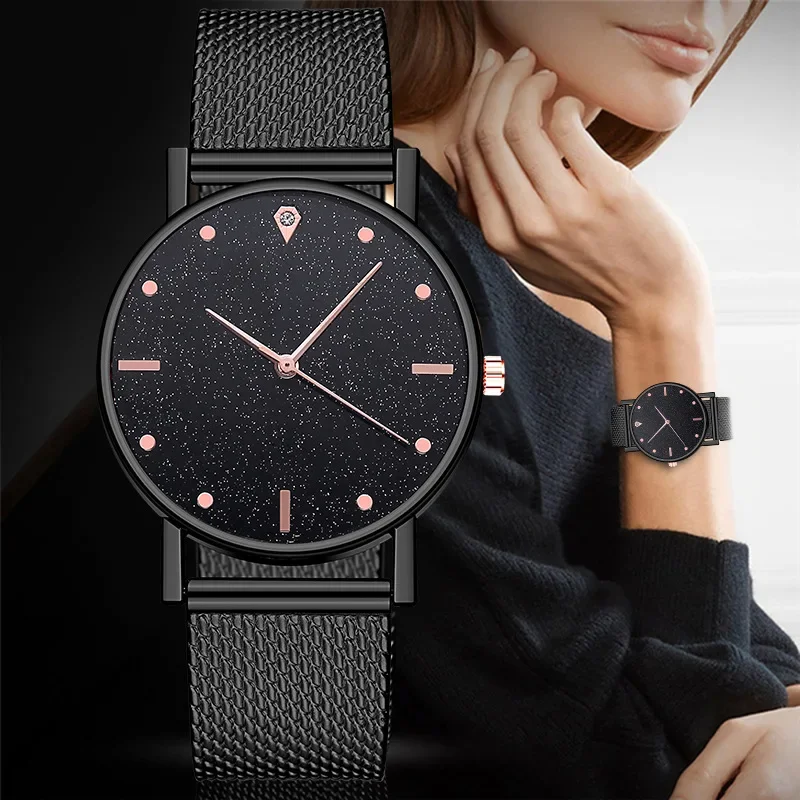 Relojes negros de lujo para mujer, correa de malla de cielo estrellado, reloj de pulsera de cuarzo a la moda para mujer, reloj para mujer, venta Simple