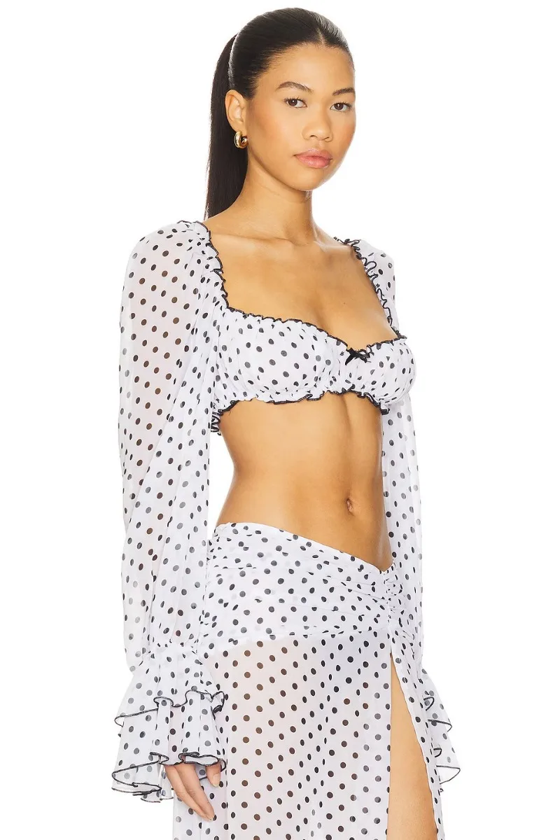 Damen Polka Dot Chiffon 2-teiliges Set, Crop-Top & Maxirock, transparentes Strandkleid, Sommer-Badeanzug-Überwurf, Urlaubsoutfit – Detail 11