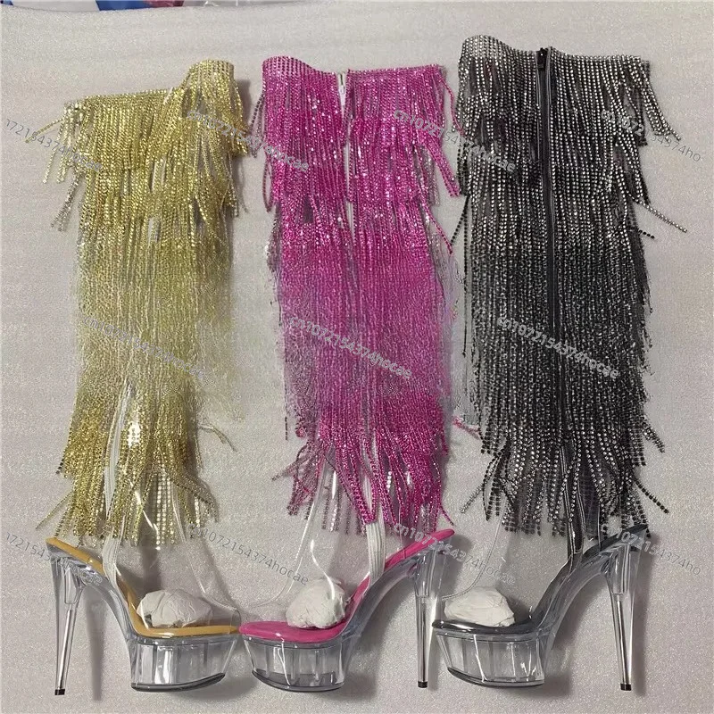 6inch-15CM Crystal Shoes Black and Red Tassel Boots Super High Heel Diamond Tassel Boot
