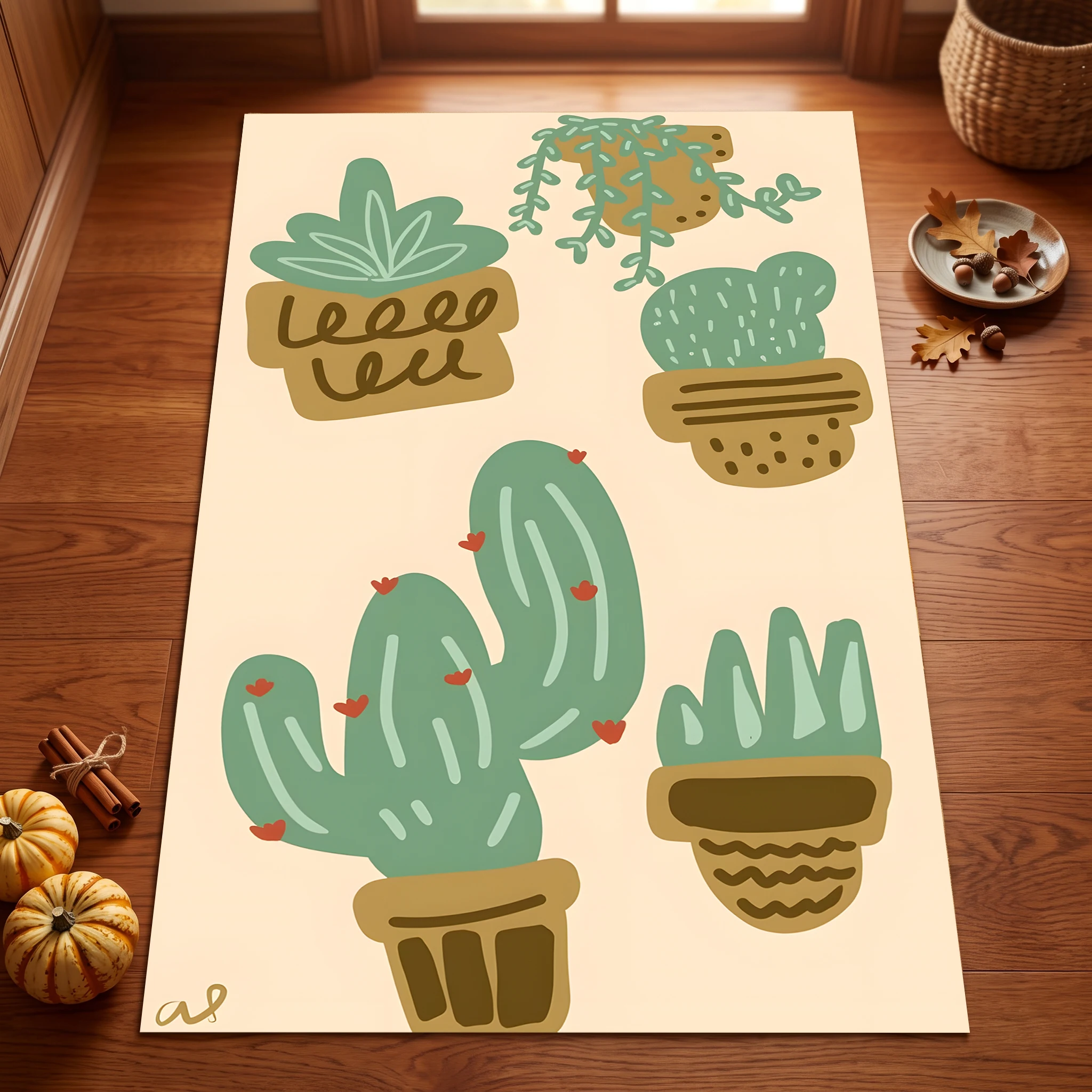 2D Large Carpet Cartoon Hand Painted Cactus Fresh Soothing for Living Room Bedroom Bedside