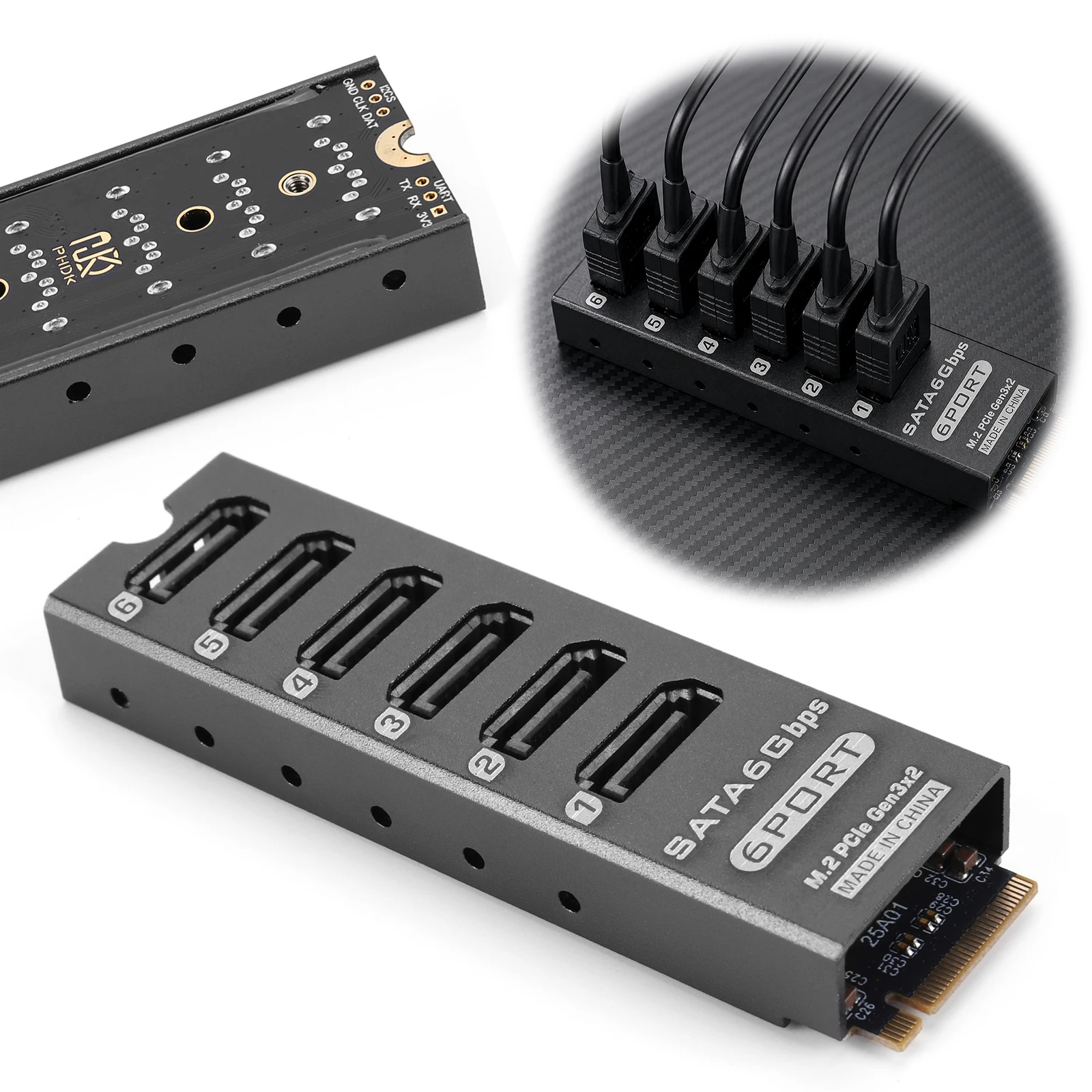 6 Port SATA 6Gbps PCIe 3.0 Expansion Card ASM1166 NAS HDD SSD Port Multiplier Support Aluminum Alloy Storage Controller
