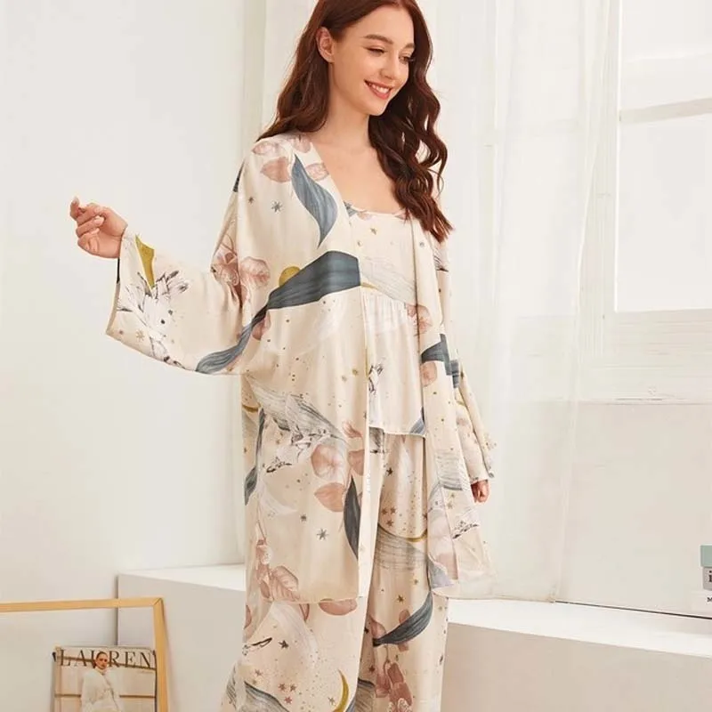 New Cotton Viscose Ladies Three-piece Pajamas Set Women Spring and Autumn Comfortable Soft Home Suit Robes with Pants Pajamas