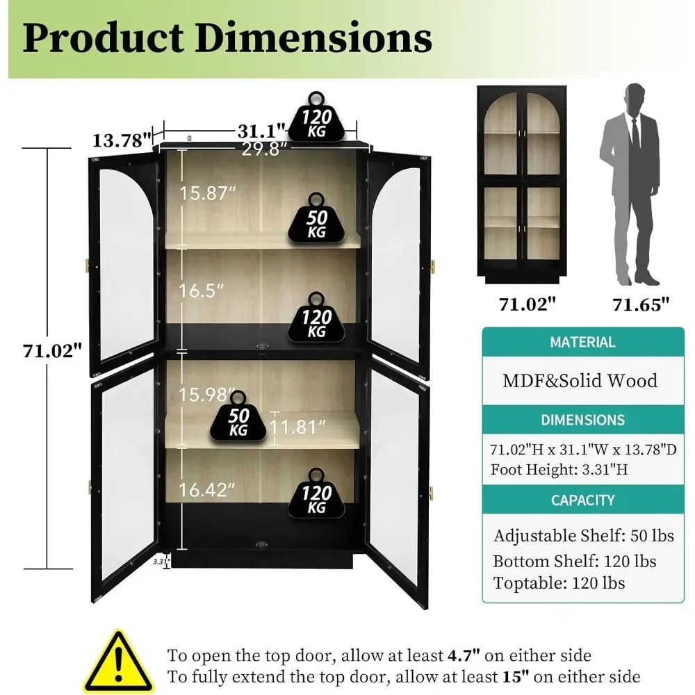 71'' Kitchen Pantry Storage Cabinet with 4 Arch Glass Doors Pantry Furniture with Adjustable Shelf  Freestanding Cupboard