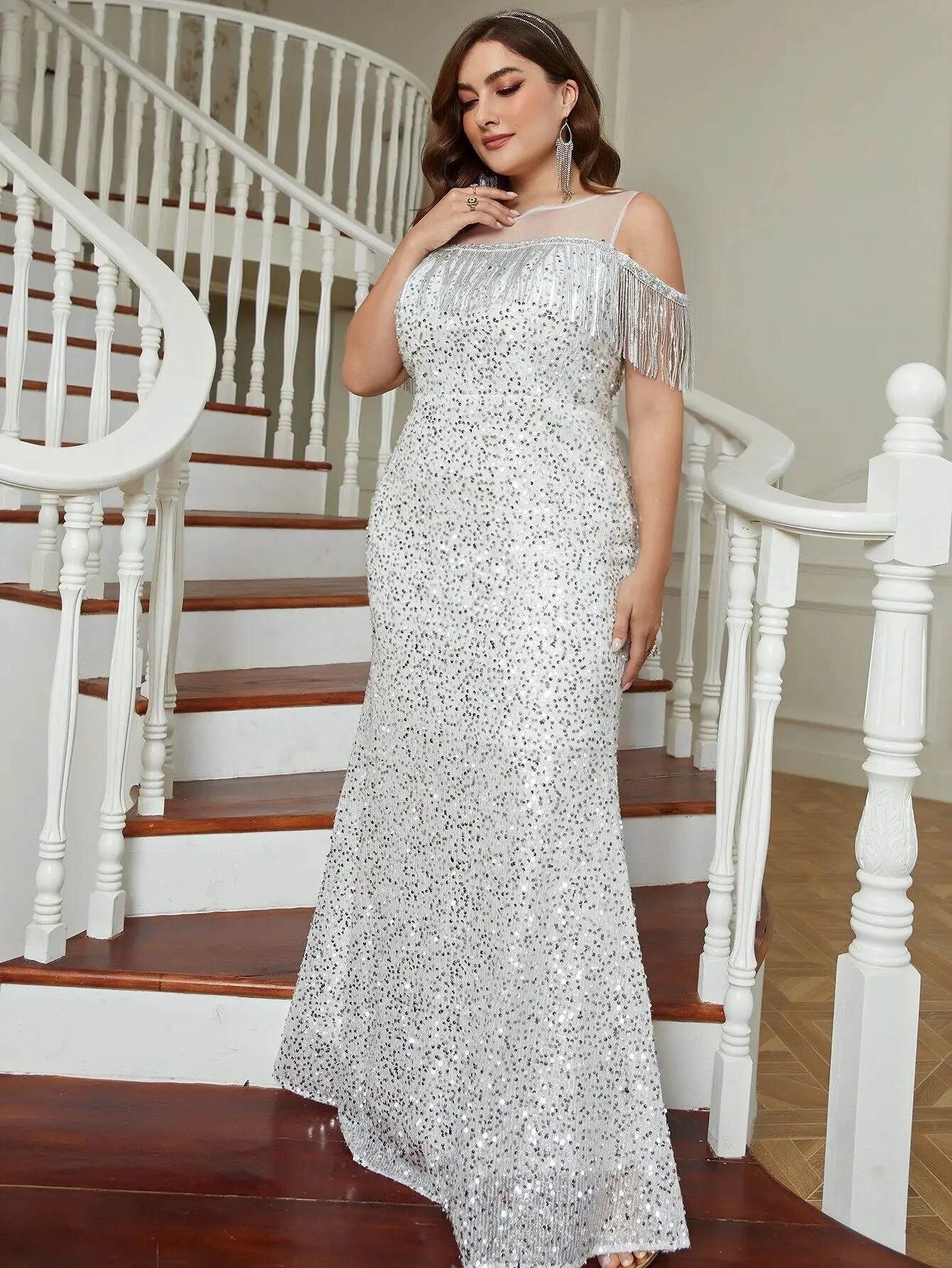 Plus Size elegante Brautkleider für Frauen Pailletten Quaste sexy langes Kleid Mode große weibliche Abend party Kleider