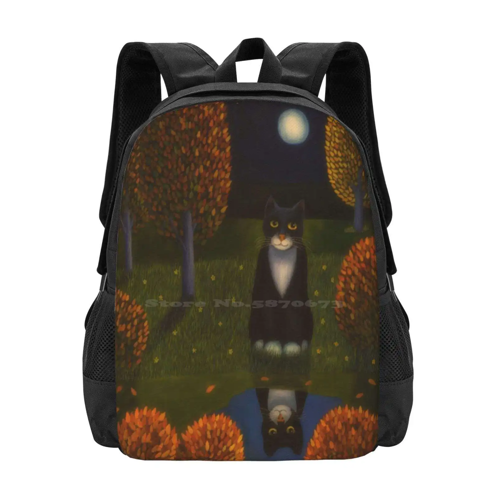 The Cat And The Moon Hot Sale Schoolbag Backpack Fashion Bags Autumn Cat Finland Moon Oil Painting Veikko Suikkanen