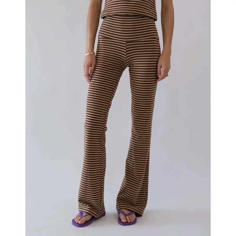 Combhasaki Women Y2K Striped Elastic High Waistband Long Pants Multicolor Casual Bottoms With Flared Cuffs Slim Fit Trousers