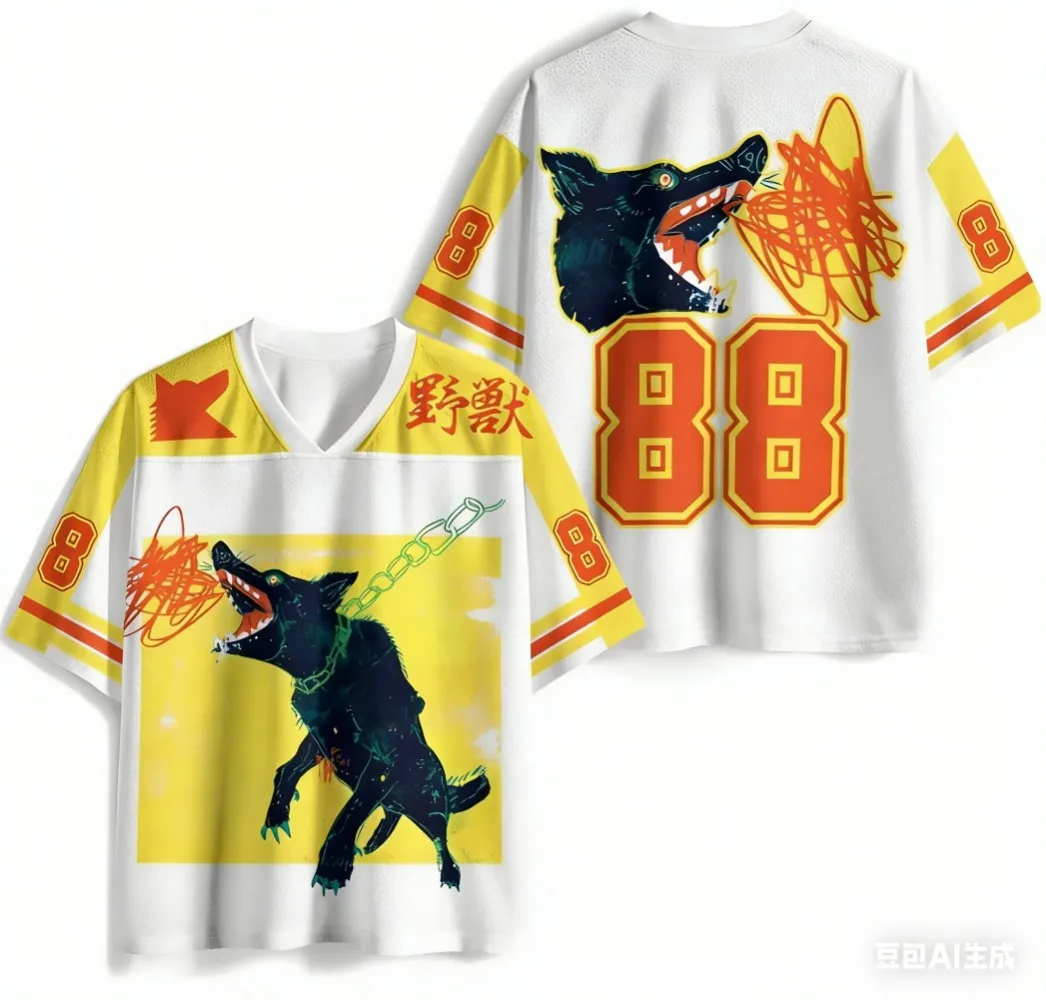 Japanese cool and wild beast wolf Patte3D Print Men V-neck T-shirt Casual Breatha Quick-dry Loose-fitting Parent-Child Clothing