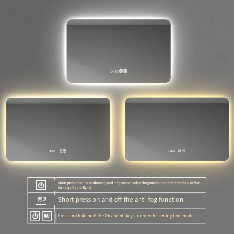 Square Smart Hotel Bedroom Defogging Decorative Mirror LED Bathroom Mirror 3 Color Adjustable Backlight，Customizable size