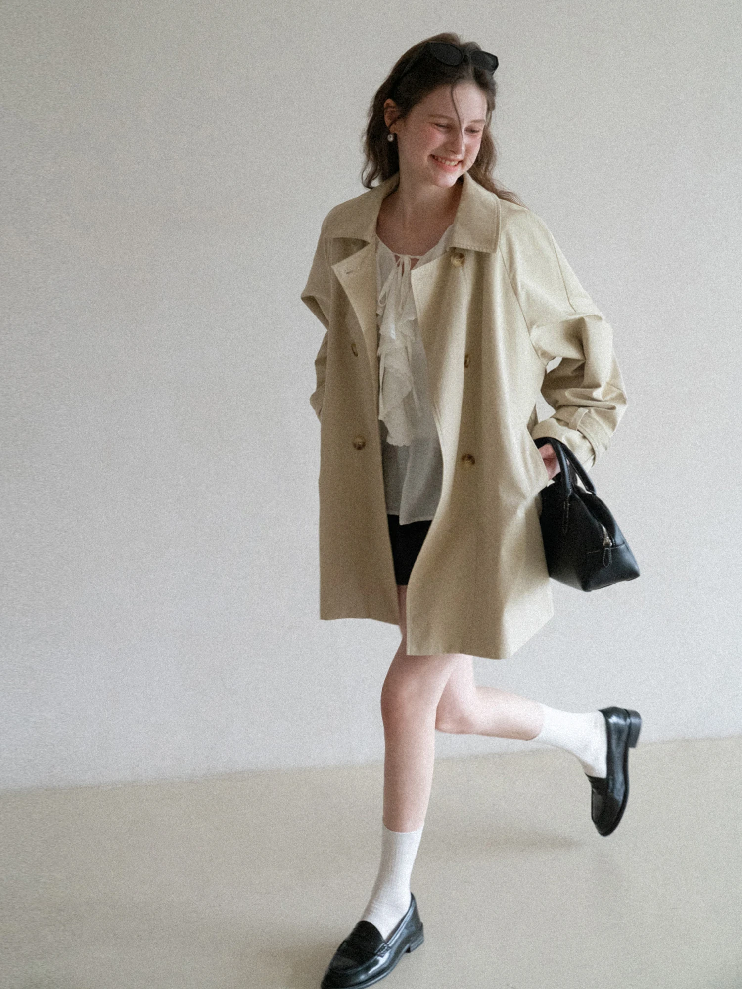 

Casual Sle Women's Long Coat Eggka Spring Season Double Button Trimmed Loose Fit Outerwear Ele Commuting Top