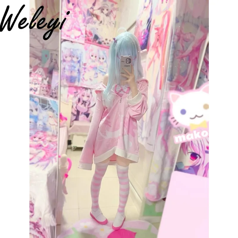 Pink Kawaii Sailor Collar Cat Ear Coat 2024 Spring Y2K Womans Clothing Japanese Streetwear Cute Kitten Loose Casual Cardigan Top