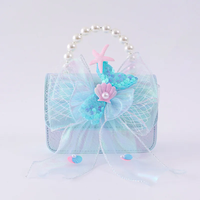 Cute Girls Handbag Pearl Handle Mermaid Sequin Bow Shell Starfish Decor Children Mini Crossbody Bag