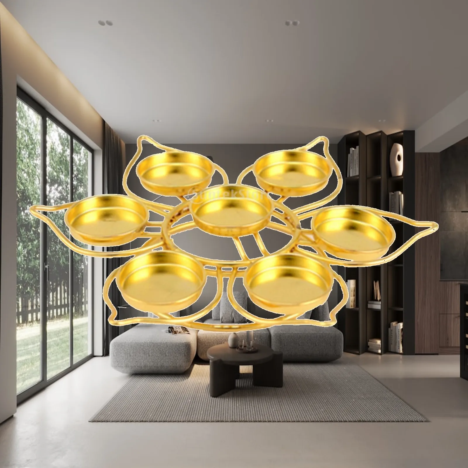 Single Layer Oil Lamp Holder Gold Finish Seven Star Lamp Stand for Prayer Room Decor
