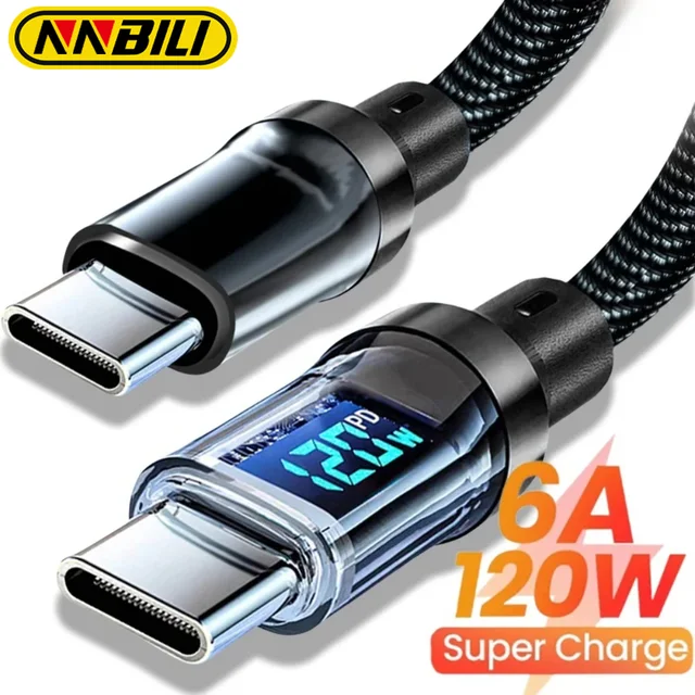 Kabel do super szybkiego ładowania telefonu NNBILI 120W A-C i C-C z wyświetlaczem LED, nie kompatybilny z Xiaomi iPhone, Samsung