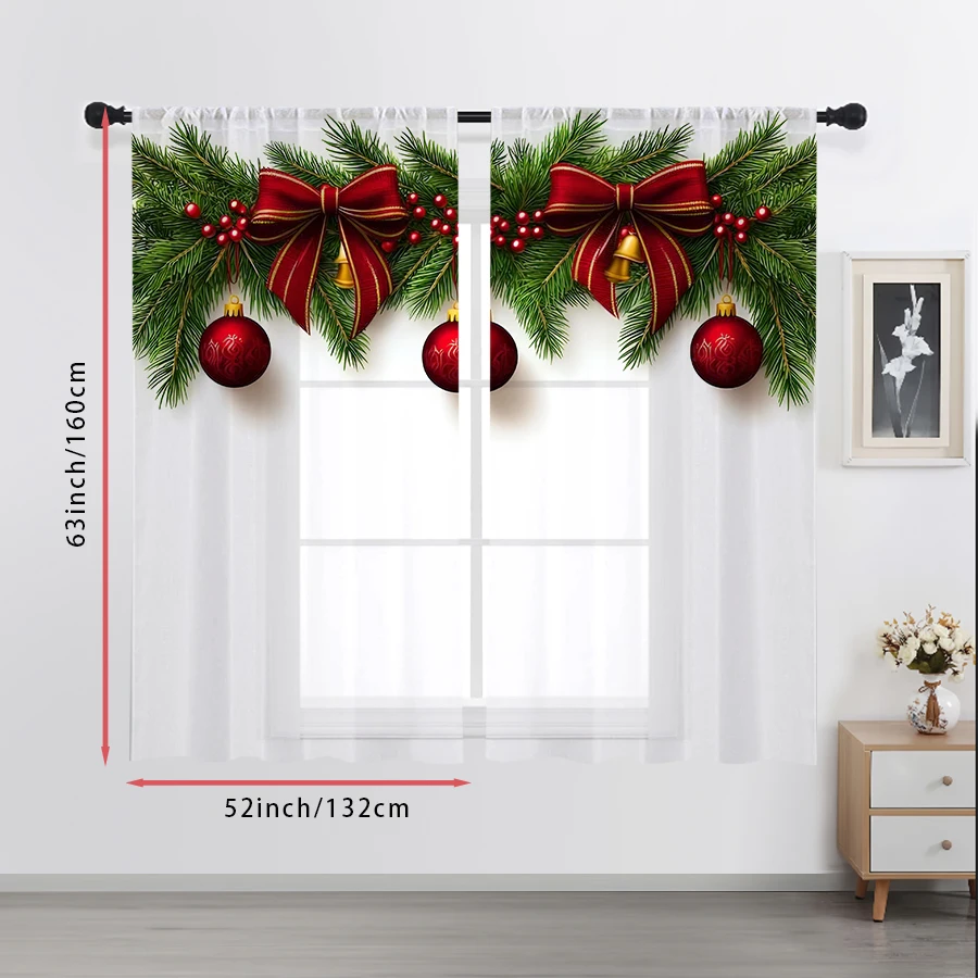 2PCS Sheer Curtains Christmas Red Bow Pine Branch Bell Ball Print, Window Voile Panels for Bedroom Living Room Xmas Home Decor
