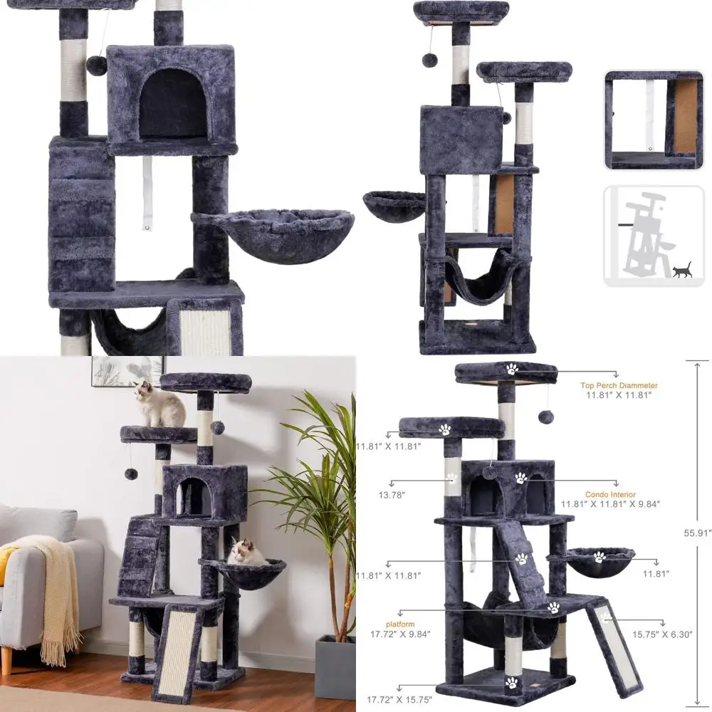 

Indoor Cat Tower with Multi-Level Furniture, Plush Perch, Cozy Basket, Scratching Board, Smoky Gray