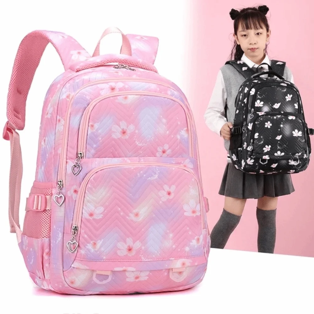 Fashion Flower Printed Children Backpack Multiple Pockets Korean Style Shoulders Bag Harajuku Nylon Student School Bag Unisex