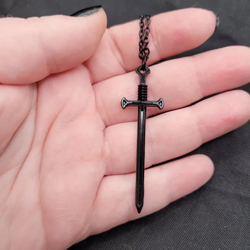 Goth Small Black Gothic Sword Necklace Pendant Charm Katana Brass Fantasy Jewelry Excalibur Blade Slay Fashion Men Women Gift