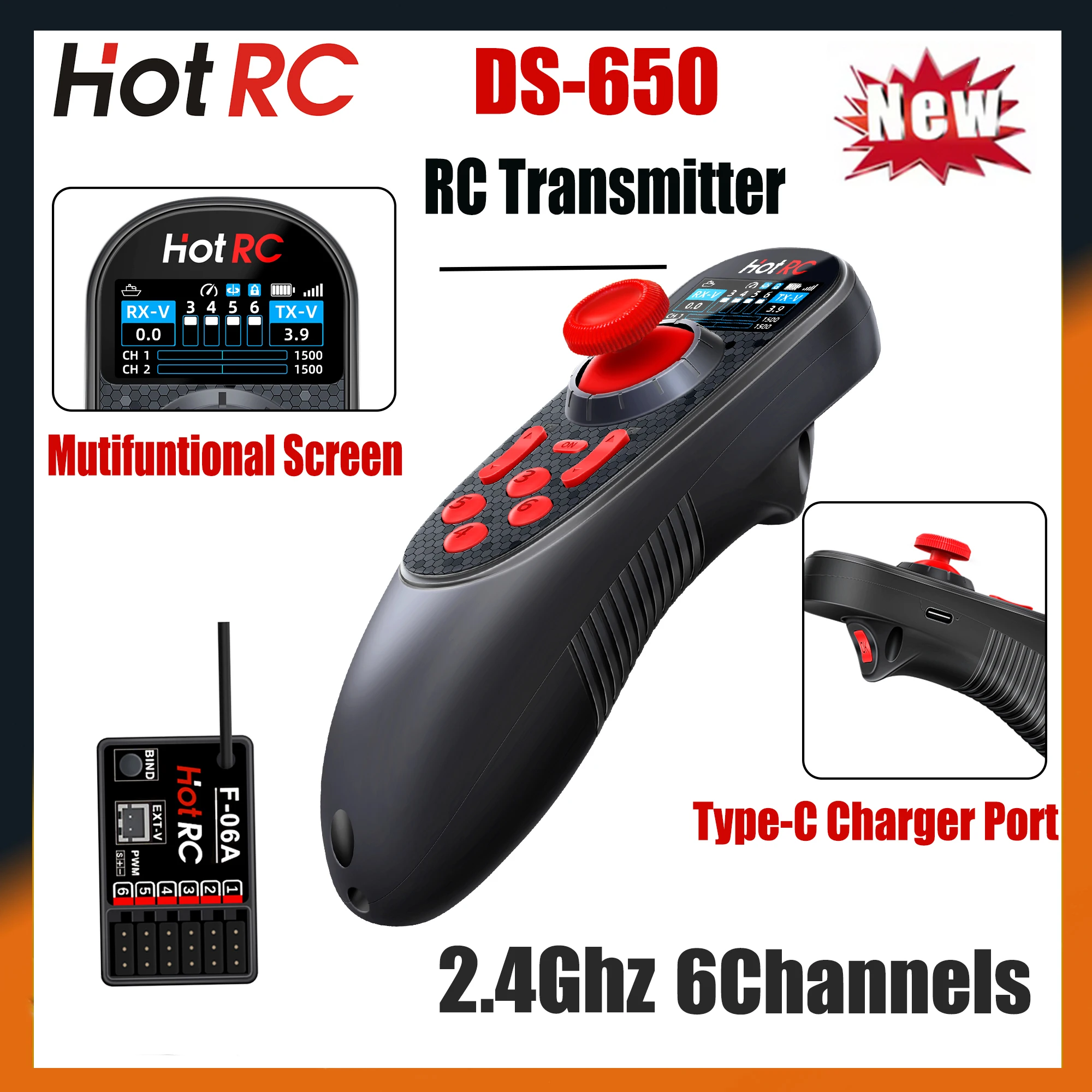 

HOTRC DS-650 6CH 2,4G радиосистема передатчик многофункциональный пульт дистанционного управления с цветным экраном и приемником F-06A для радиоуправляемой лодки