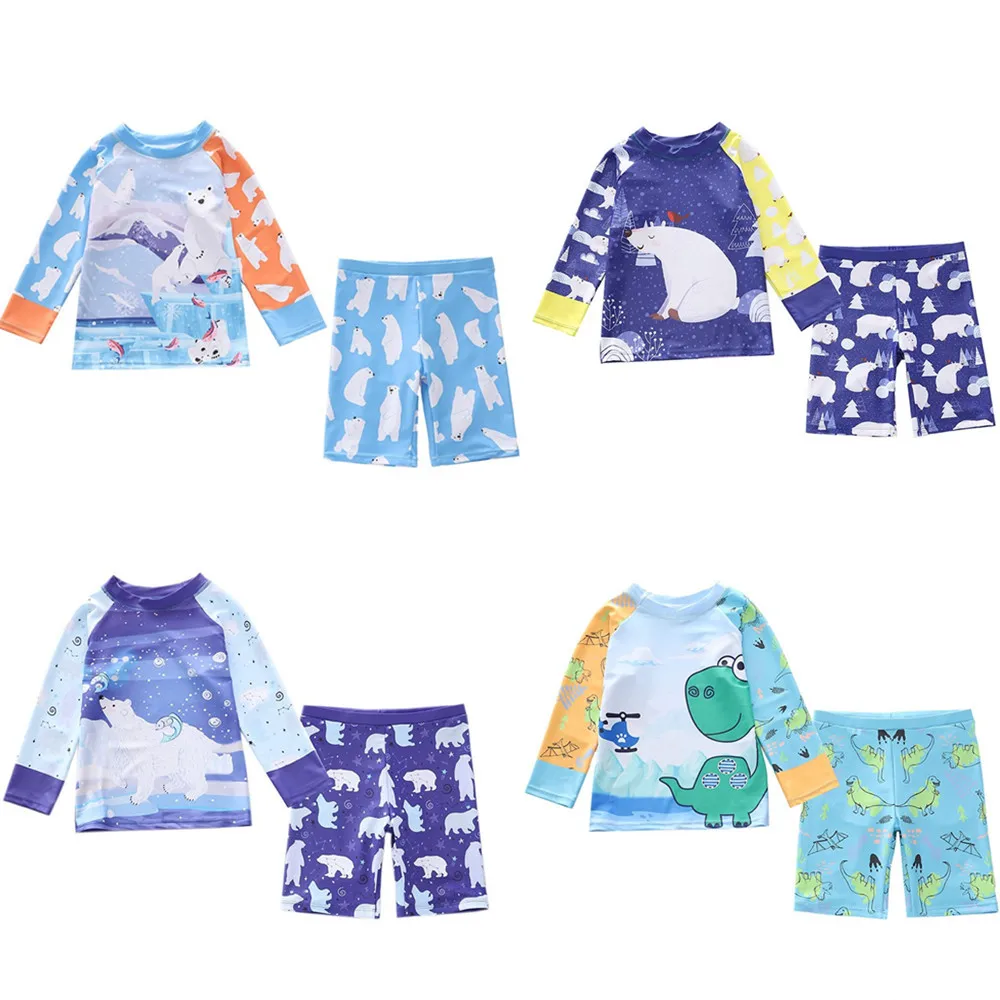 

HappyFlute 2 Pieces Set Animals Print Boys Long Sleeve With Five Quarter Trousers Small Medium Children's Swimsuit