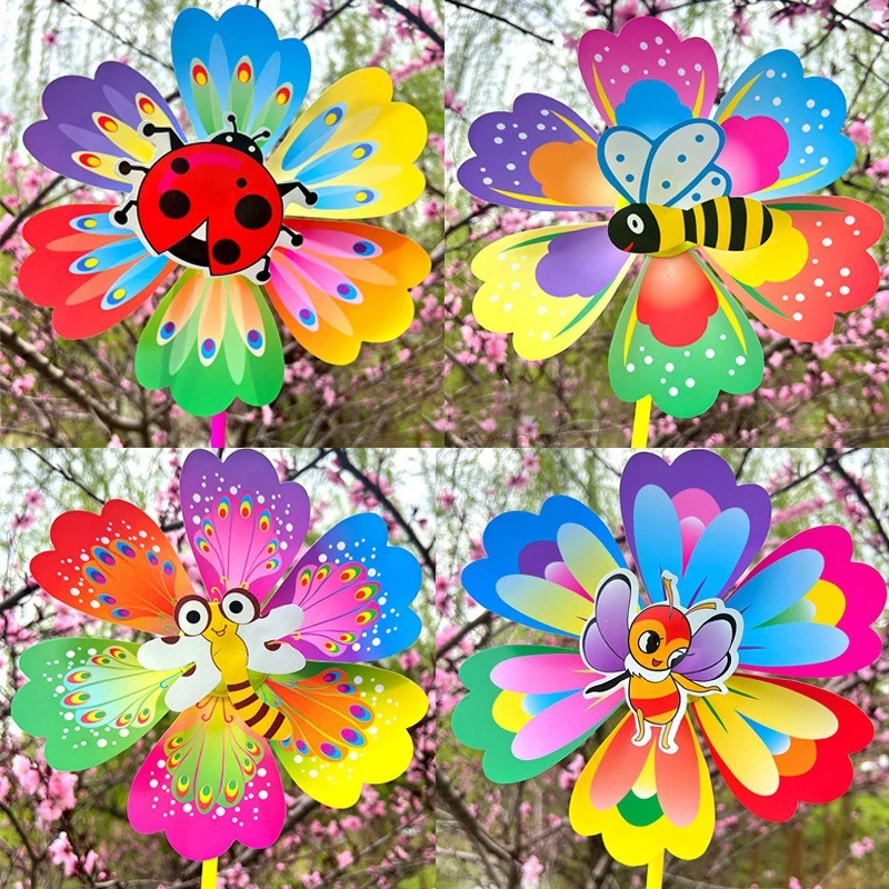 Moinho de vento portátil com flor dos desenhos animados, Wind Spinner para decoração de jardim, Whirligig Decor, brinquedo ao ar livre do miúdo, 1PC