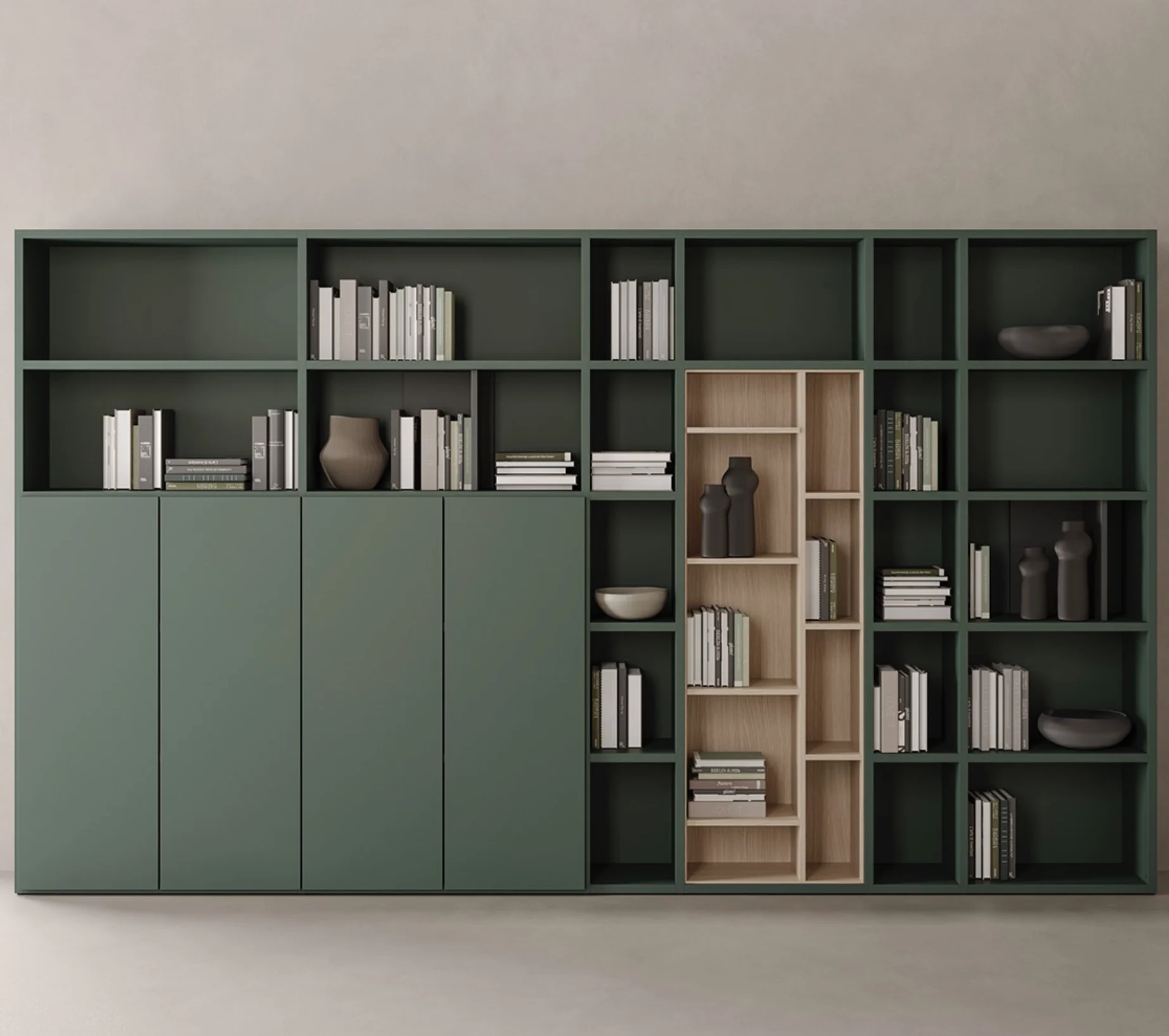 

Modern Wooden Adjustable Height Bookcase System With Filing Cabinets For Commercial Office Use With Maximum Compositional Freedo