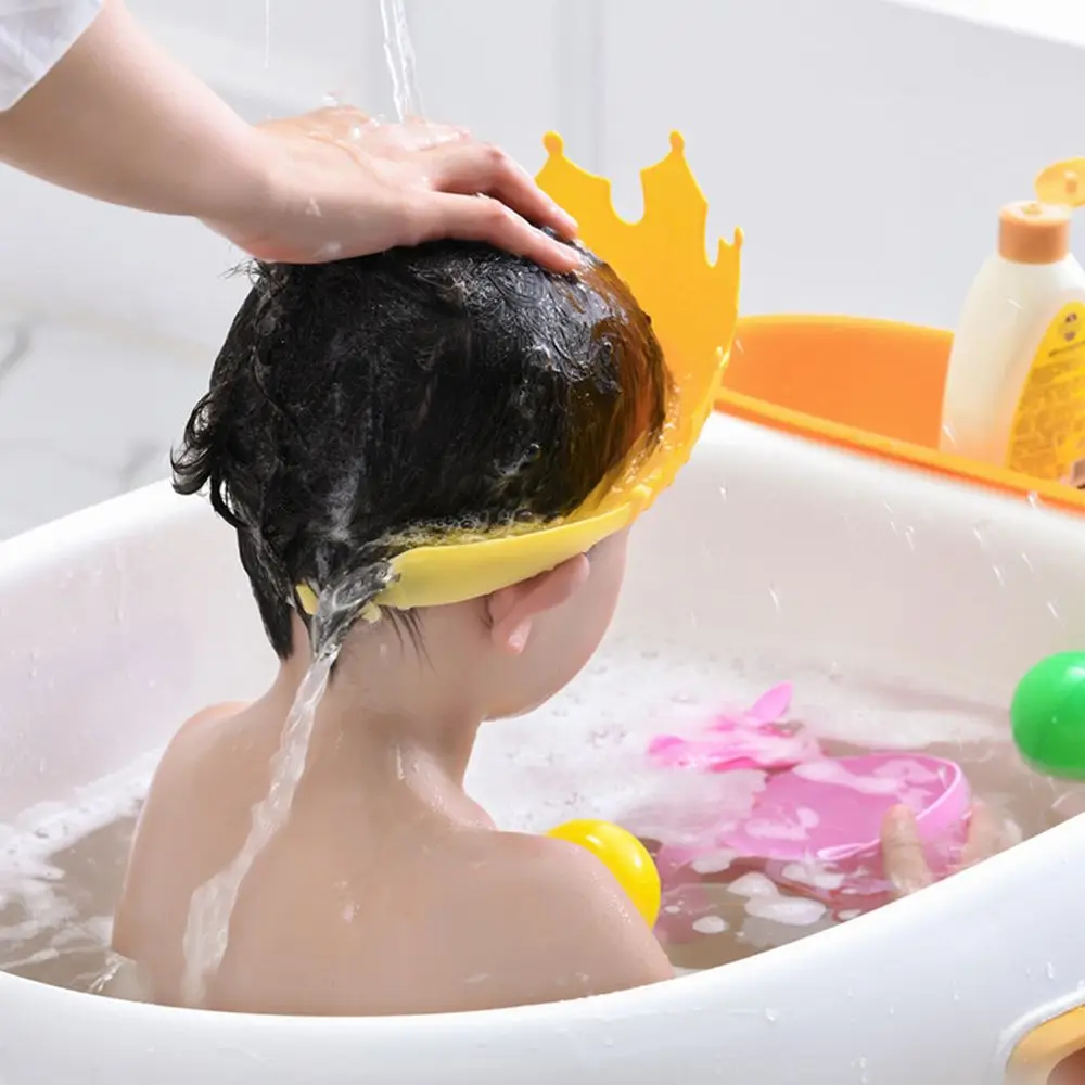 Soft Safe Children Plastic Shower Cap Solid Color Wash Hair Shield Hat Crown Shape Shower Head Cover Baby Shampoo Cap