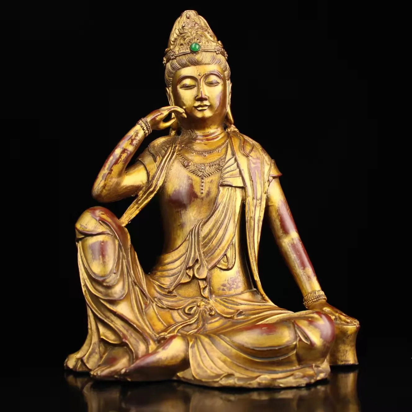 

Decoration Old Ming Dyansty copper gilt Inlaid gemstone Guanyin Buddha statue statue，Free shipping