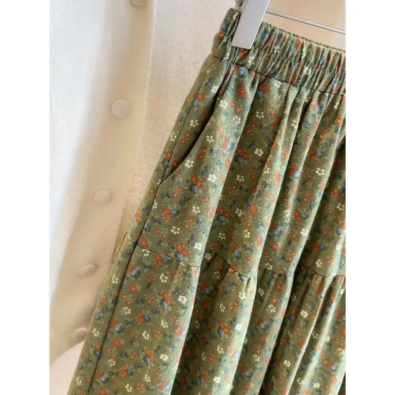 Forest Style Literary Retro Floral Skirt Women's Autumn Winter High-waisted A-line Umbrella Skirt Large Hem Mid-length Skirt