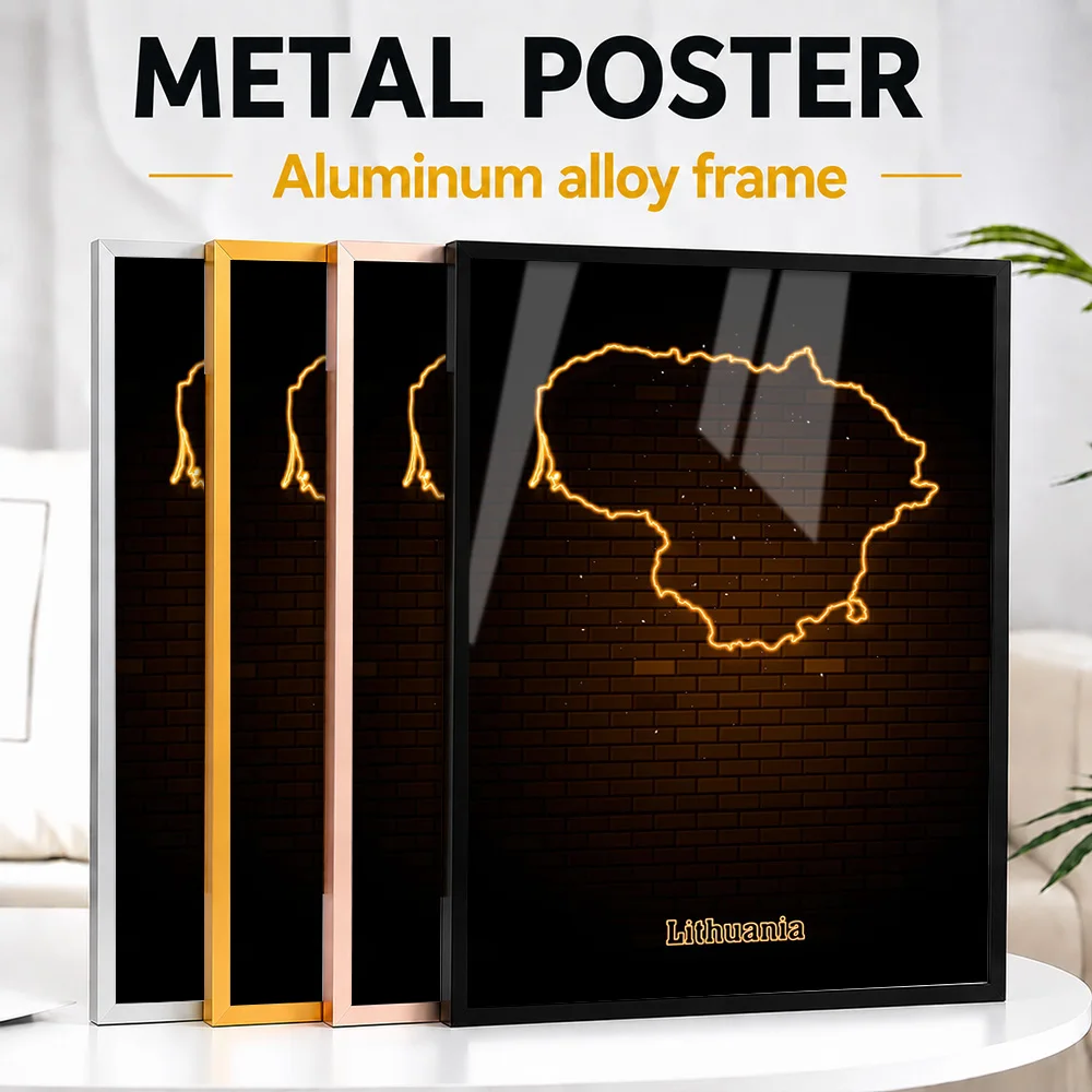 Lithuania Map Outline Metal Poster With Aluminum Alloy Frame Customized Neon Style Wall Art For Office Reception And Hallway