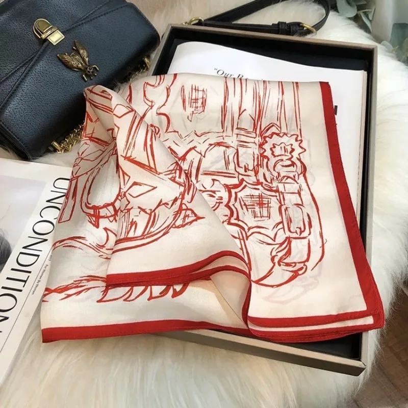 

Art Sketch Equestrian Pattern Satin Square Scarf Women Cream Base Red Edge Neckerchief All Match Hair Tie Bag Handle