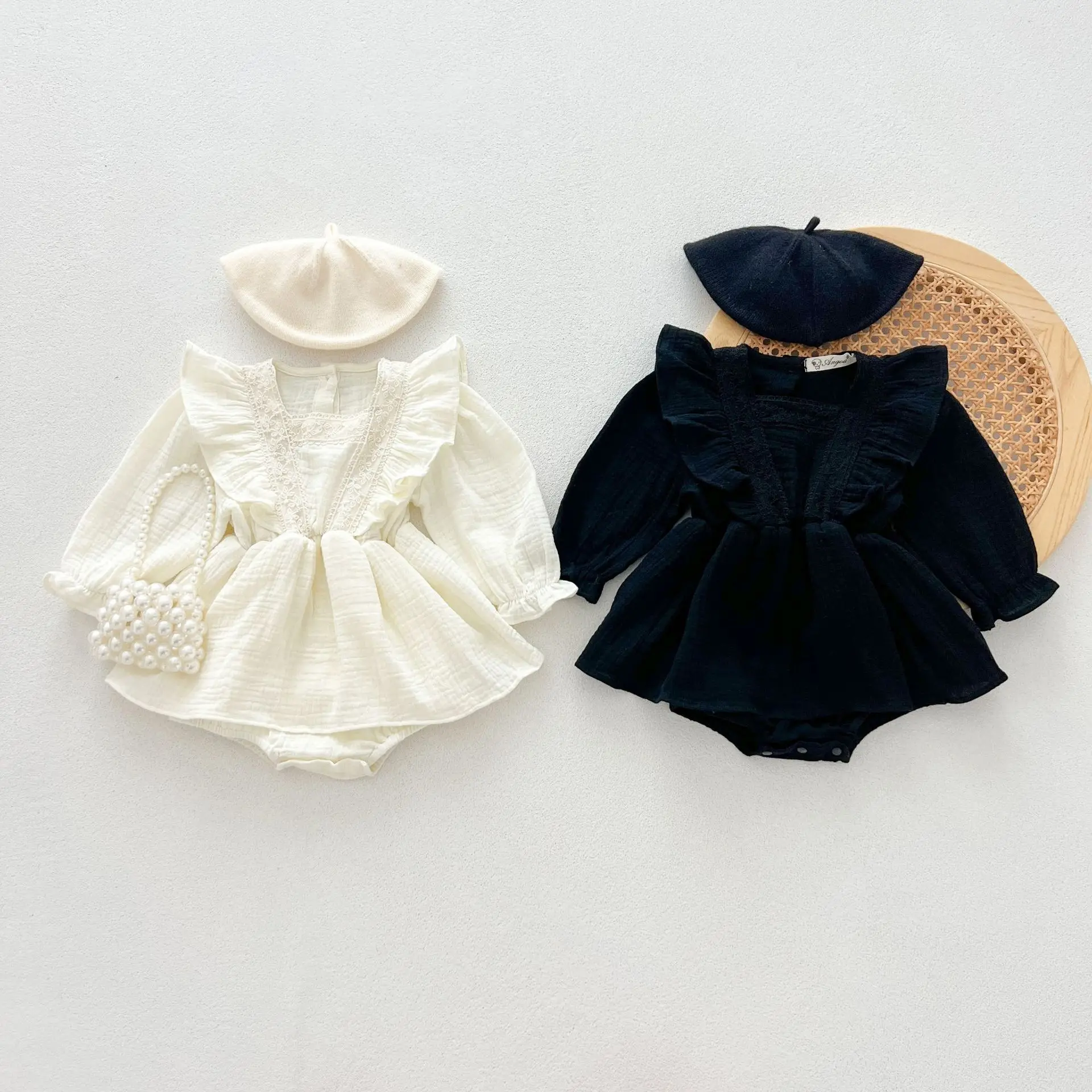 Autumn 2024 Baby Girls Rompers Cotton Solid Long Sleeve Ruffle Wrapped Infant Girls Bodysuit Princess Lace Newborn Girl Jumpsuit