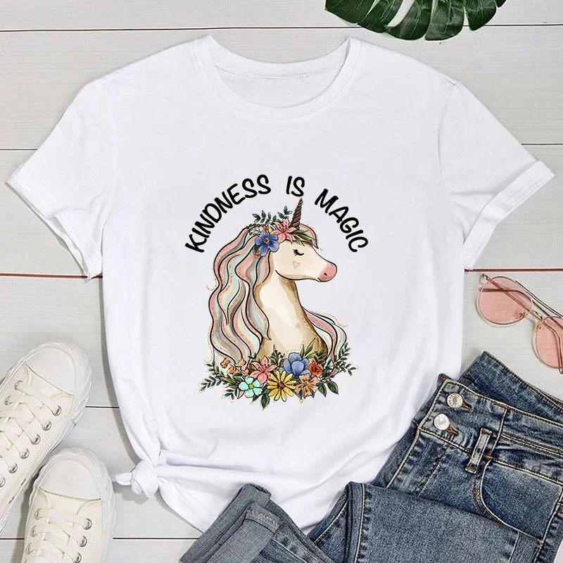 Premium T-shirt Women Fashion T Shirt Funny Unicorn Kindness Is Magic Letter Print T Shirt Unicorn Kindness Is Magic Graphic T