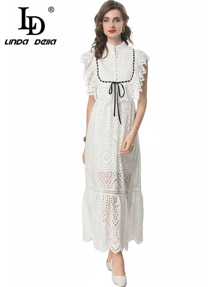 LD LINDA DELLA 2024 Summer Luxury Dress Women's Temperament Hollow Out Embroidery Lace Up Pearls Single Breasted Dresses