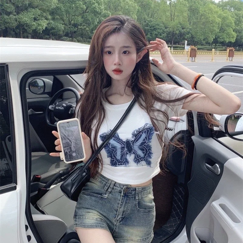 Summer Chic Three-dimensional Butterfly Short Style T-shirt Women's Clothing Vintage Sweet Slim Short Sleeve Top Tee