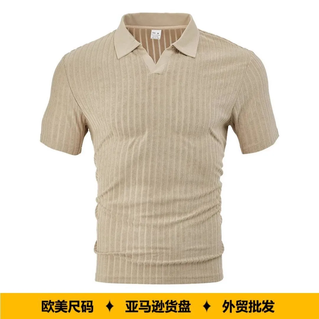 Short Sleeve Shirt Striped Spread Collar T-shirt Solid Vertical Stripe Men's Turn Down Collar Casual Loose Fit Top