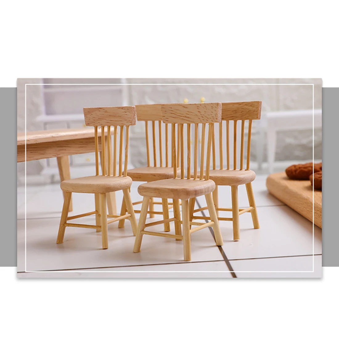 1/12 Wooden Dollhouse Furniture of Table & Chair Set, Miniature Dollhouse Accessories of Dining Room Accessory