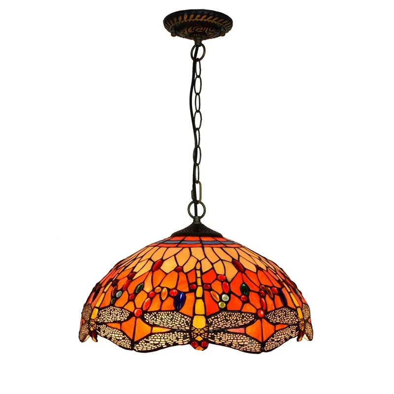 

12 Inch 30cm Tiffany Style Chandeliers Red Dragonfly Droplight Stained Glass Ceiling Pendant Light for Living Room