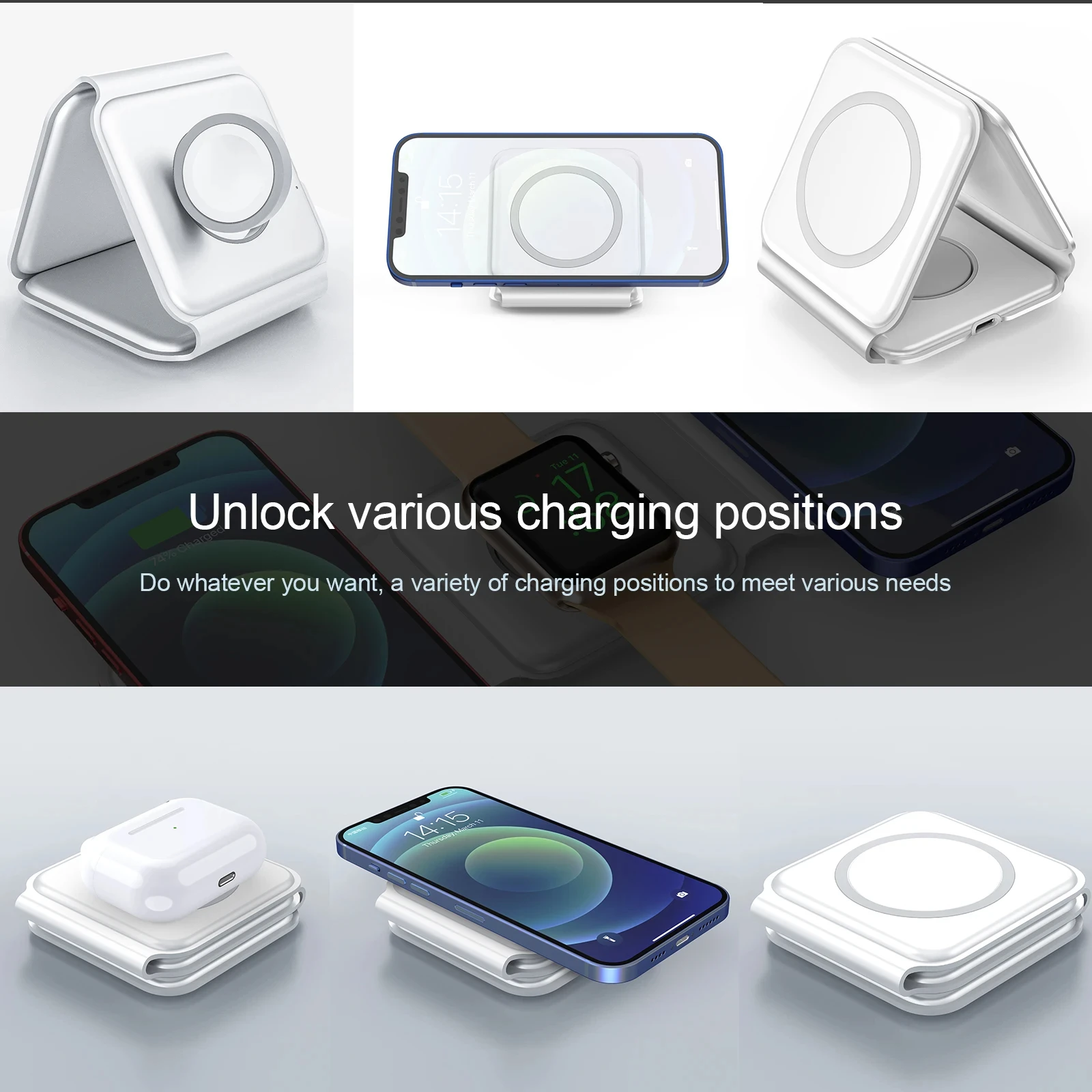 Fast 100W Magnetic Wireless Charger for iPhone 14 15 Pro Max 3 in 1 Wireless Charger Portable for Apple Watch/AirPods 3in1 Stand