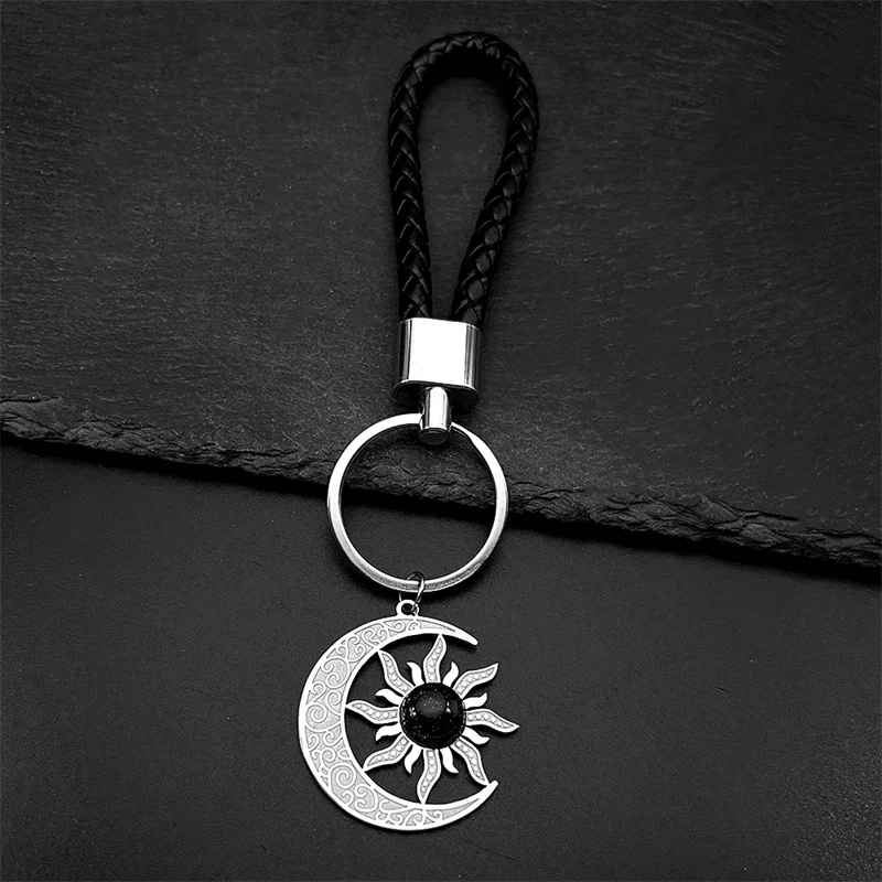 Wicca الشمس القمر سلسلة مفاتيح الفولاذ المقاوم للصدأ بولي Leather الأحجار الجلدية الحجر الطبيعي رائعة الذكور الكلاسيكية حلقة رئيسية مجوهرات الحفلات هدية
