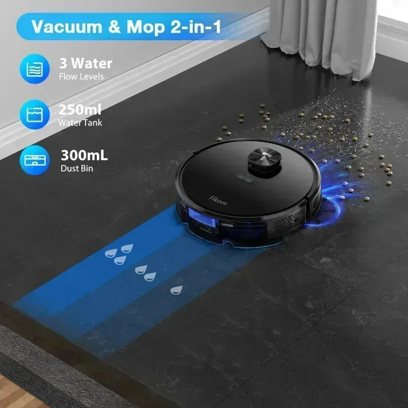 مجموعة مكنسة وممسحة روبوت PMD4-Tikom L9000، LiDAR Navigation، مكنسة كهربائية روبوتية 4000Pa، حتى 150 دقيقة، رسم خرائط ذكي، 14 ممنوع الذهاب